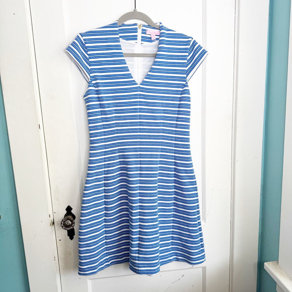 Lilly Pulitzer Bree Dress Ottoman Stripe Bay Blue Striped Deep V-Neckline Medium